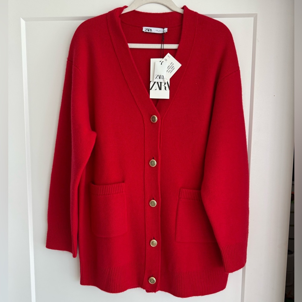 Zara Red Cardigan Sweater Classic Knit